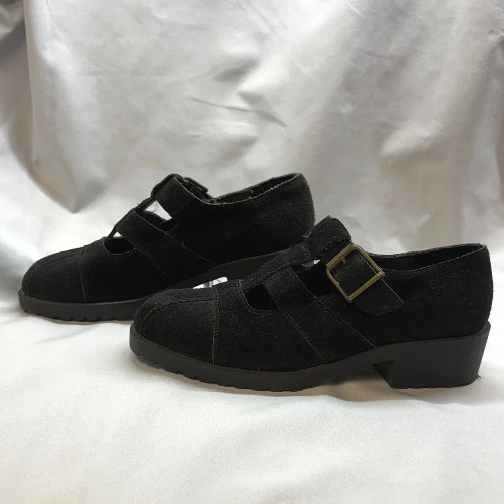 90s Esprit Reflector 74070 Shoes Womens 6 Black Good Vintage Suede Lug Mary Jane